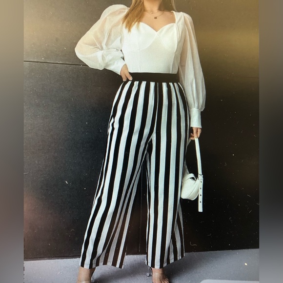 MELANIE LYNE WIDE LEG PALLAZZO VERTICAL STRIPED ELASTIC WAIST PANTS no pockets - Picture 1 of 10